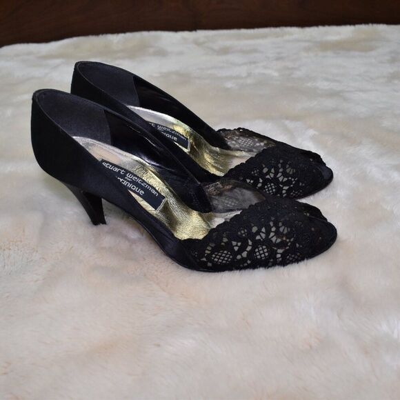 Stuart Weitzman VTG Black Satin Lace Open Toe Heels Size 8.5 Dress Shoe - Picture 10 of 11